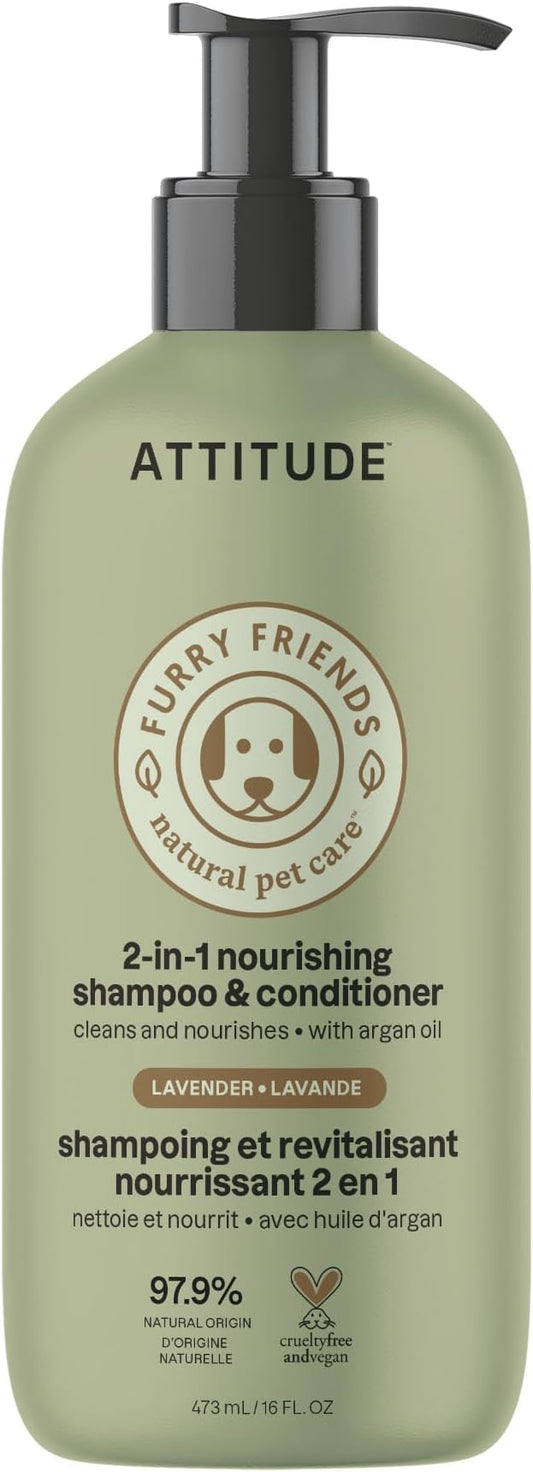 ATTITUDE 2in1 Nourishing Shampoo and Conditioner for Cat & Dog, Vegan and Cruelty-Free, Lavender & Argan Oil, 16 Fl Oz