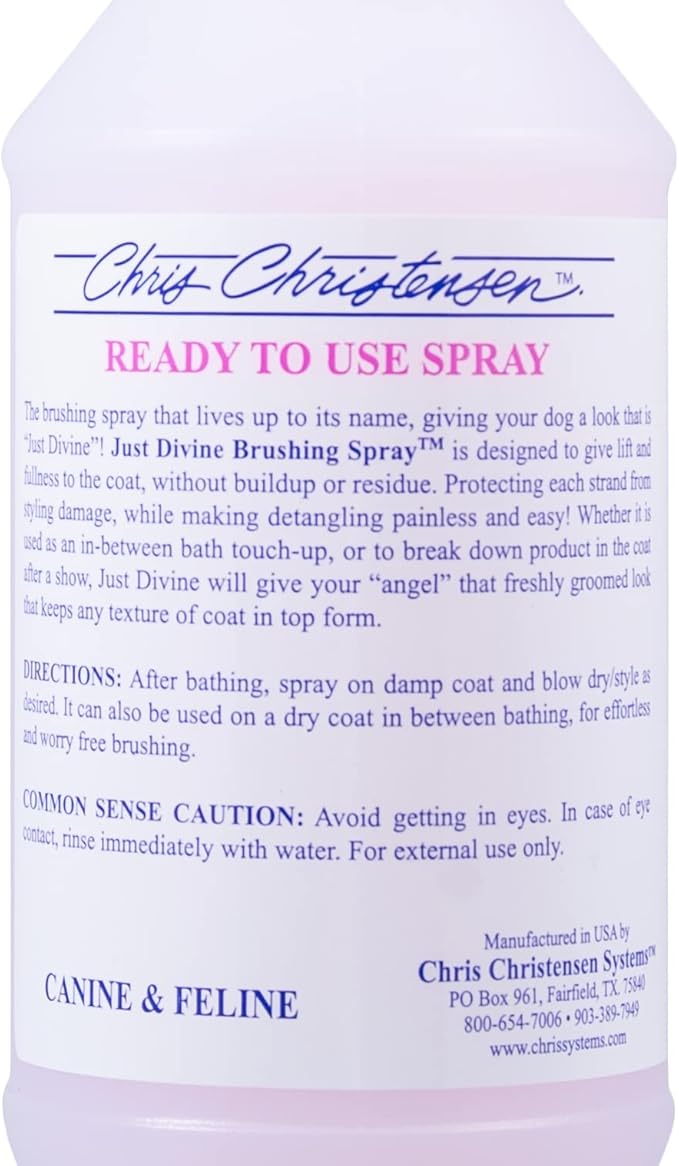 Chris Christensen Just Divine Dog Brushing Spray, Groom Like a Professional, Prevents Brushing Damage, Light Detangler, Ready to Use, All Coat Types, Made in USA, 16oz