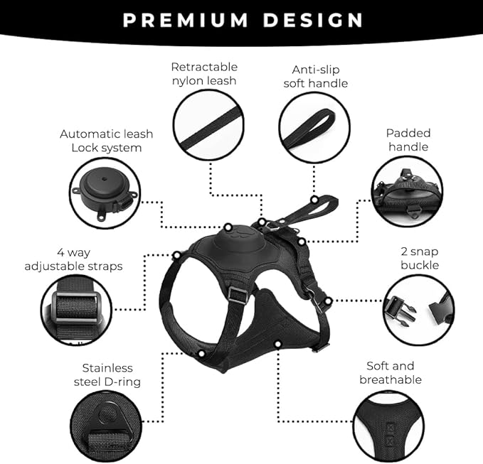 H C USA No Pull Dog Harness with Dog Leash Retractable – Adjustable Dog Harness for Large Dogs with Integrated Leash - Dog Harness and Leash Set with Anti Slip Soft Handle – Comfortable and Safe