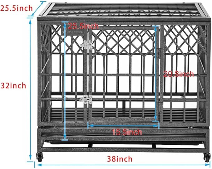 SMONTER Heavy Duty Dog Cage for Large Dog Strong Metal Kennel and Crate Pet Playpen with Three Doors, Four Wheels,38 Inch,Y Shape,Silver … … …