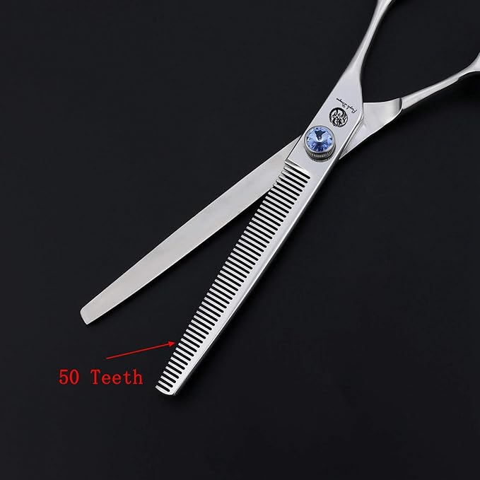 Purple Dragon Touch Pet Blenders Shears, 7.0" 50-Tooth Thinning Scissor for Dogs, 440c Japanese Stainless Steel Texturizers Dog Thinning Shears(Blue)