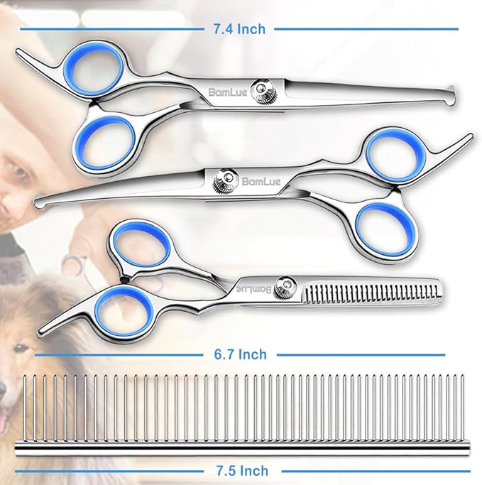 Bamlue 6 in 1 Professional Stainless Steel 4CR Safety Round Tip Dog Grooming Scissors, Anti-Rust Shears Cat Grooming Scissors Pet Kit, Thinning Straight Comb for Long Short Hair-Blue