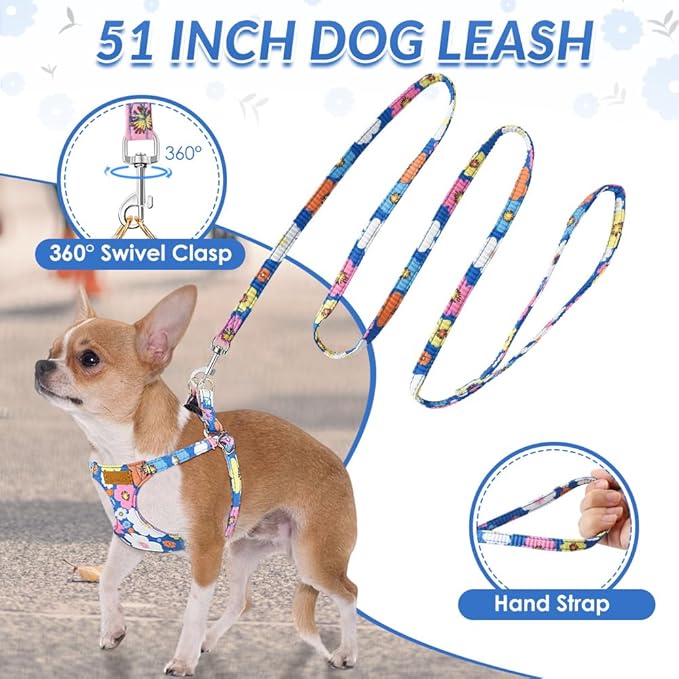 SlowTon No Pull Dog Harness with Leash - Soft Lightweight Floral Pattern Puppy Harness, Adjustable Pet Harness for Small Medium Dogs (Blue Flower S)