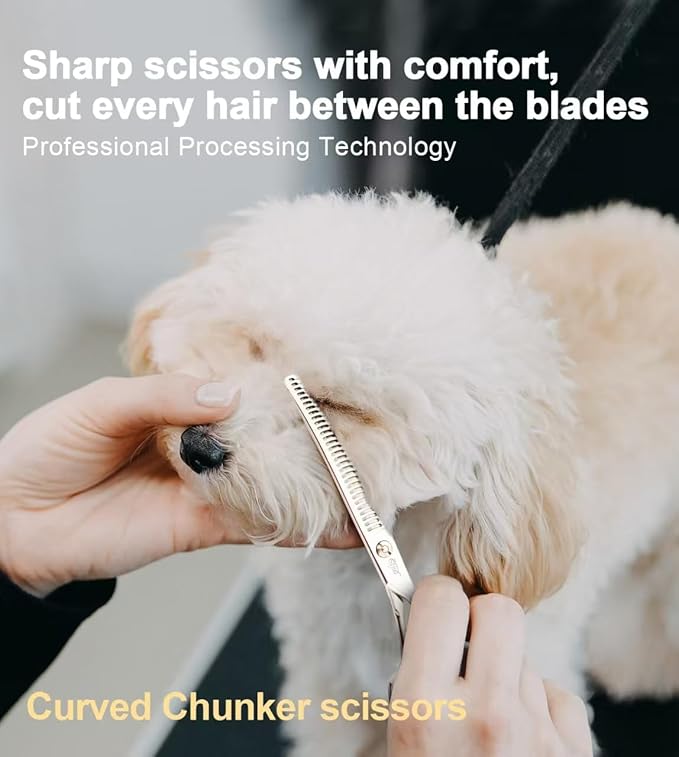 Professional Dog Grooming Scissors, Japanese 440C Stainless Steel, 62 HRC Hardness, Curved Chunker
