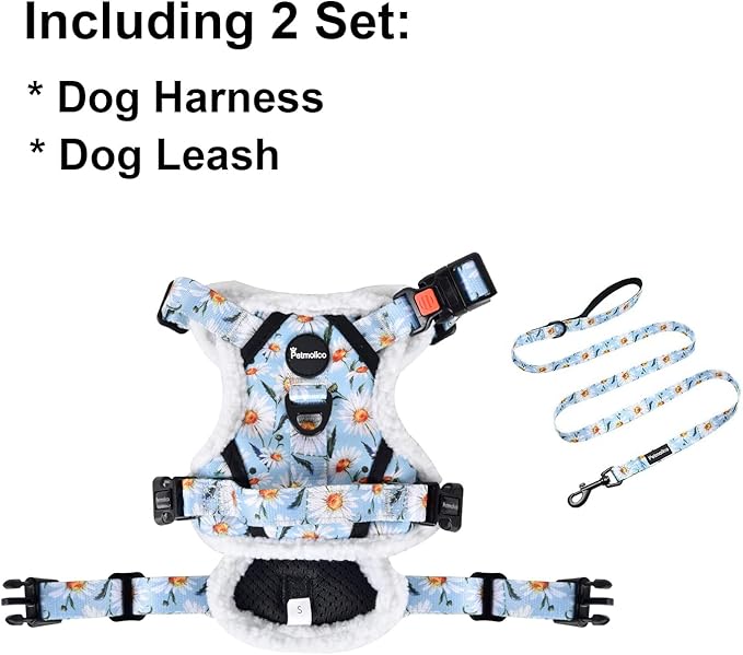 Petmolico Floral Dog Harness and Leash, No Pull Fleece Dog Harness with 2 Leash Clips and Easy Control Handle for Small Dogs, Small Daisy