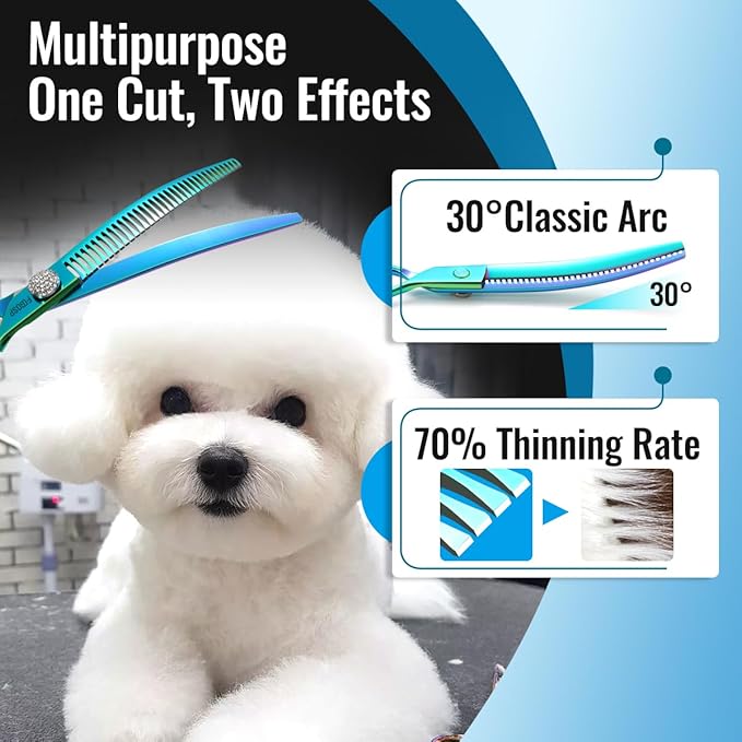 Professional Curved Thinning Shears Dog Grooming Scissors 7.5'' Blue Green Curved Chunkers Shears for Grooming Large Dogs Pet 35 Teeth Japan 440C(Curved Chunkers,Turquoise)