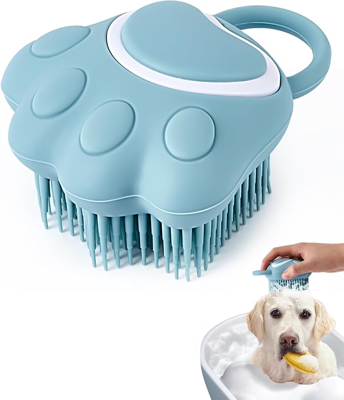 Dog Bath Brush, Pet Shampoo Brush Scrubber Massage Dispenser, Soft Silicone Grooming Shower Brush for Short Long Haired Dogs and Cats Washing, Blue