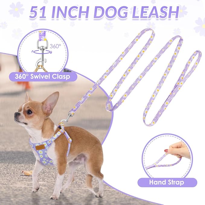 SlowTon No Pull Dog Harness with Leash - Soft Lightweight Floral Pattern Puppy Harness, Adjustable Pet Harness for Small Medium Dogs Doggie (Purple M)