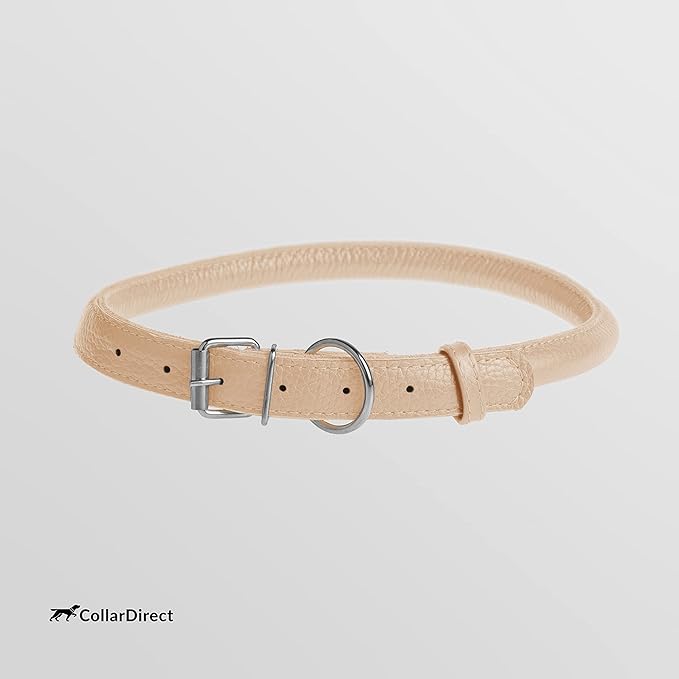 CollarDirect Rolled Leather Dog Collar, Soft Padded Round Puppy Collar, Handmade Genuine Leather Collar Dog Small Large Cat Collars 13 Colors (6-7 Inch, Beige Textured)