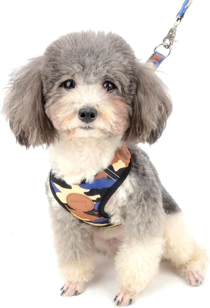SMALLLEE_LUCKY_STORE Small Dog Cat Mesh Harness & Lead No Escape Adjustable Padded Military Camo Blue, M Chest:11.5"-15.5",Weight 6.5-11lbs