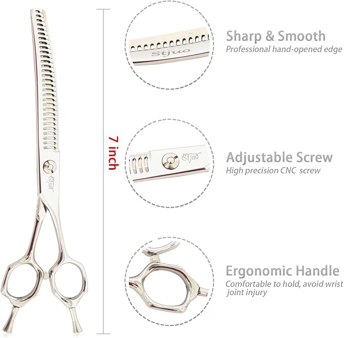 Professional Dog Grooming Scissors, Japanese 440C Stainless Steel, 62 HRC Hardness, Curved Chunker