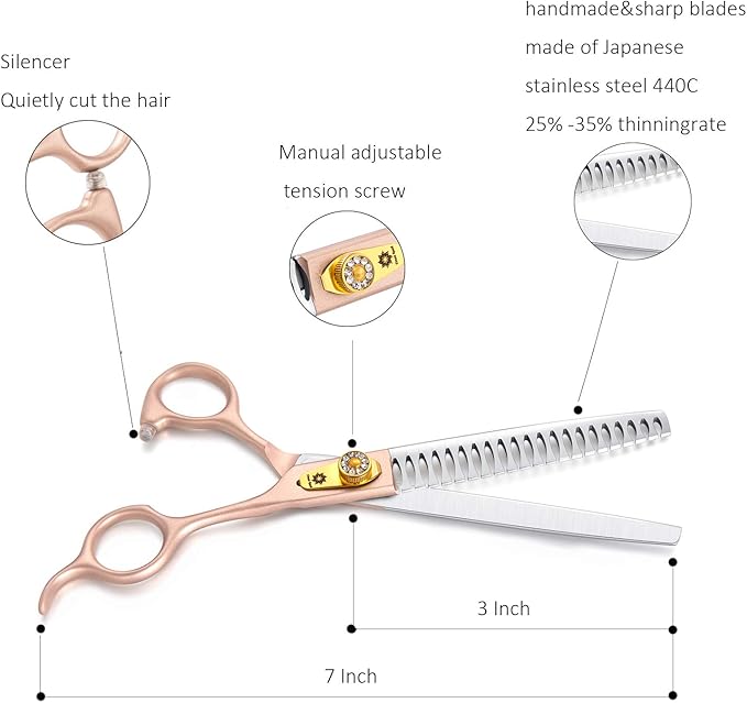 7 Inch Professional Pet Grooming Scissor, 440C Japanese Steel Straight & Curved & Thinning & Chunker Shears/Scissors for Dog Cat and More Pets (7-inch-Grooming Scissors Set 02)
