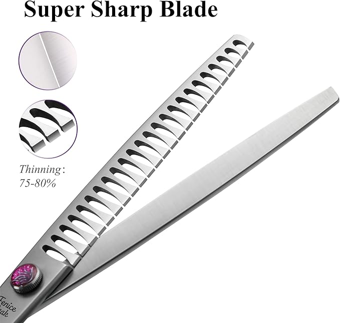 Fenice Peak 7'' Chunker Dog Grooming Scissors with Purple Finger Rings and Flashing Screw Professional 440C Stainless Steel Natural Color Pet Thinning Shears with Offset Handle Durable and Sharp