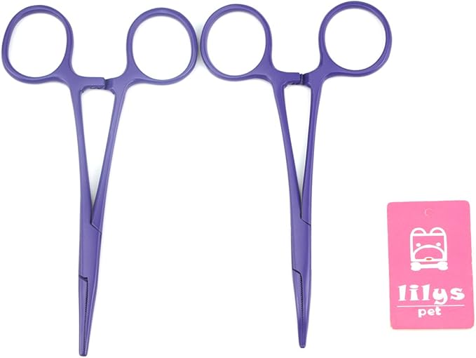 LILYS PET Pet Colourful Stainless Steel Hemostat Hemostatic Forcep,Pet Ear Hair Pull Forcep,Bend head and Straight head kit (Purple, 14cm)
