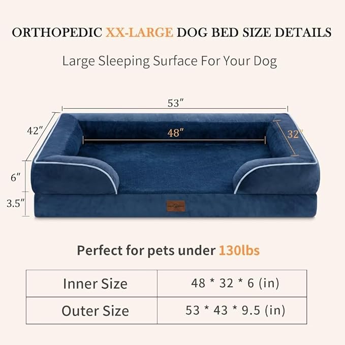XXL Orthopedic Dog Bed, Waterproof Orthopedic Foam Extra Large Dog Beds, Washable Dog Sofa Bed with Removable Cover & Non-Slip Bottom(XX-Large,Navy Blue)