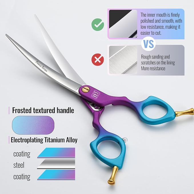 Fenice Dog Grooming Curved Scissors: 6.5" Pet Self-sharpening Split Finishing Shears for Dogs' Faces and Eyes Lightweight Ideal for Tight Spaces and Detailed Grooming Japan VG10 Alloy Steel 63HRC