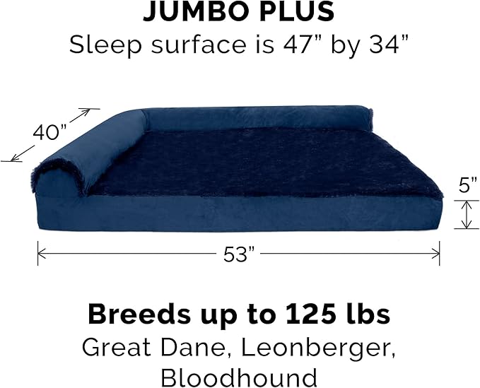 Furhaven Orthopedic Dog Bed for Large Dogs w/ Removable Bolsters & Washable Cover, For Dogs Up to 125 lbs - Plush & Velvet L Shaped Chaise - Deep Sapphire, Jumbo Plus/XXL