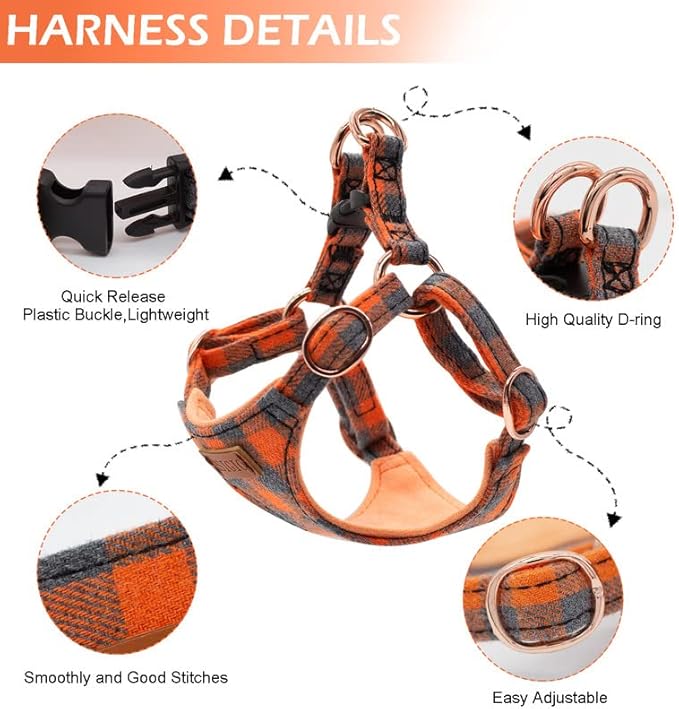 Small Dog Harness and Leash Set, Plaid Puppy Dog Harness XXS, Soft Adjustable Harness for Extra Small-Medium Pet Dogs and Cat No Pull, Orange Plaid, Medium