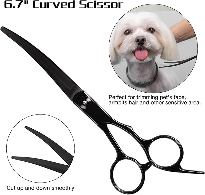 Premium Dog Grooming Scissors with Safety Round Tips, 6 in 1 Dog Grooming Scissors Kit, 4CR Stainless Steel Premium Pet Grooming Shears for Dog, Sharp and Durable, Black