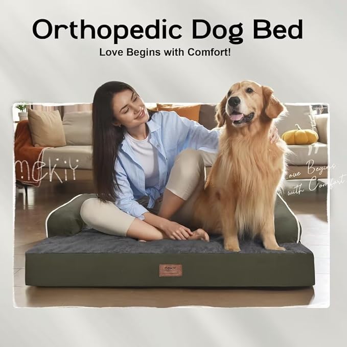 Large Dog Bed Orthopedic Washable - XXL Large Big Dogs - Waterproof with Removable Cover - Memory Foam - Beds Bolster Pet - Dog Couch Sofa Bed - Dark Green Dog Bed