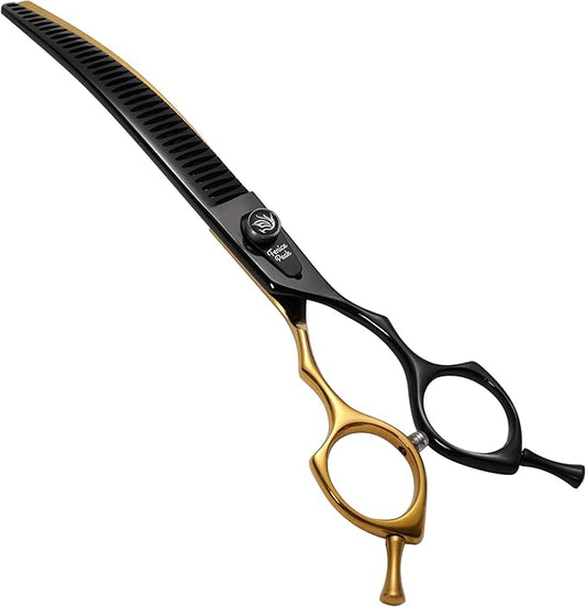 Fenice Peak Black and Golden Professional Curved Chunker Dog Grooming Scissors 7.5'' 440C Stainless Steel Thinner Shear Sharp and Durable with Decorative Screw