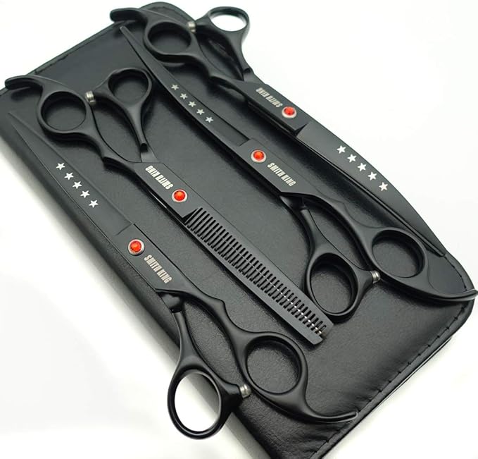 7.0 inches Professional Dog Grooming Scissors Set Straight & thinning & Curved & chunkers & comb 5pcs in 1 Set for left-handed & right handed (Black, Right-handed)