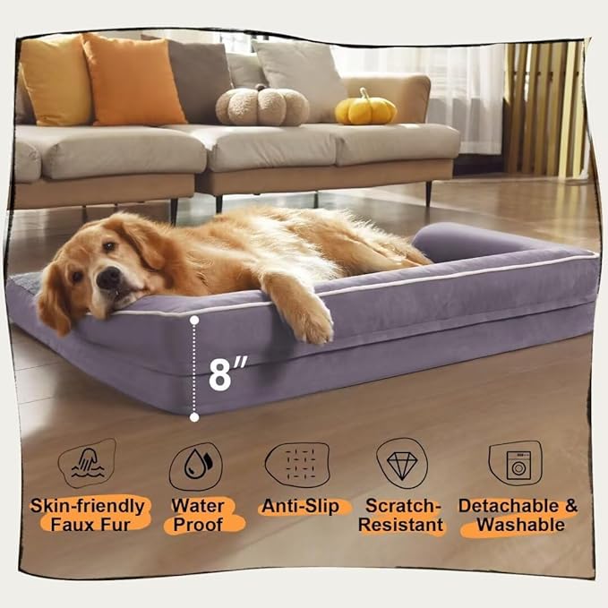 Large Dog Bed Orthopedic Washable, Orthopedic Dog Beds for Large Dogs with Washable Cover, Removable Bolster and Non-Slip Bottom Purple Large Dog Beds for XXXLarge Extra Large Dogs