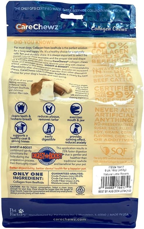 Pet Factory CareChewz Collagen 6" Little Rovers Dog Chew Treats - Natural Flavor, 8 Count/1 Pack
