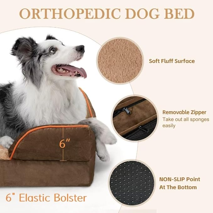 XXL Orthopedic Dog Bed for Extra Large Dogs, Washable Dog Sofa Bed, Waterproof Orthopedic Foam Dog Beds with Removable Cover & Non-Slip Bottom(XX-Large,Brown)