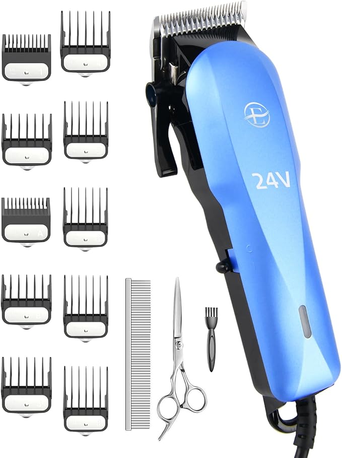 E-Hunter Professional Dog Grooming Clippers Kit, 24V High Power for Thick Coats, Quiet Dog Clippers with 10 Metal Guard Combs & Brush, Ideal Dog Hair Remover for Cats and Pets