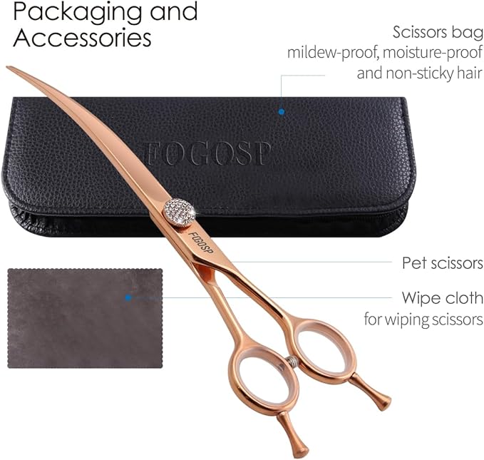 Rose Gold Titanium Curved Dog Grooming Scissors Reverse 7.5'' Downward 30° with Jewelled Screw Japan 440C Professional Pet Grooming Trimming Shears for Dogs Suzhi Teddy(7.5,Curved)