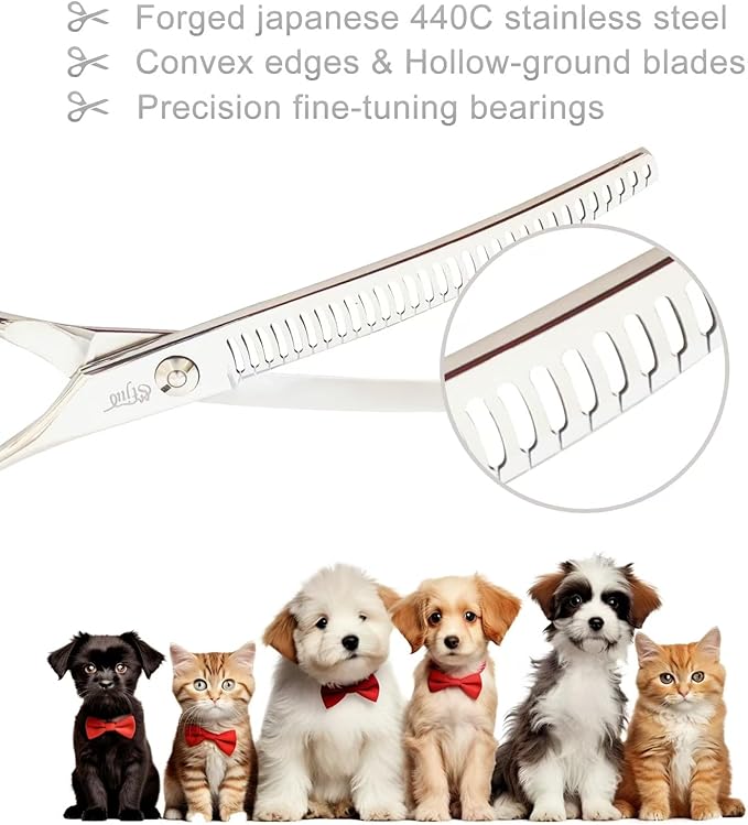 Professional Dog Grooming Scissors, Japanese 440C Stainless Steel, 62 HRC Hardness, Curved Chunker
