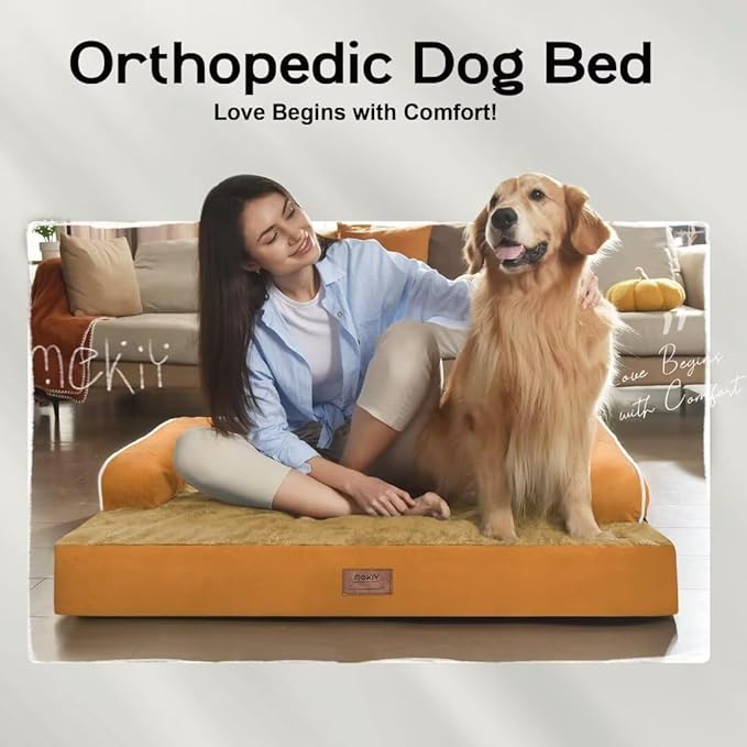 Large Dog Bed Orthopedic Washable, Orthopedic Dog Beds for Large Dogs with Washable Cover, Removable Bolster and Non-Slip Bottom Orange Large Dog Beds Orthopedic, XXXLarge Extra Large Dogs