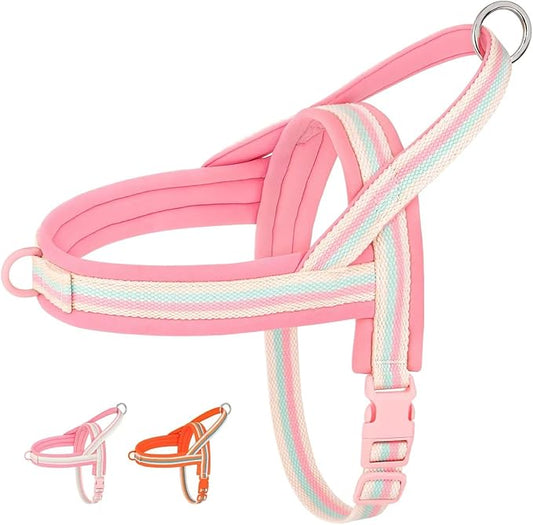 Beirui No Pull Dog Harness for Small Medium Dogs Puppies, Soft Neoprene Quick Fit Harness with Durable Front Clip & Back Clip, Lightweight Easy for Daily Walking (Striped Pink,XS)