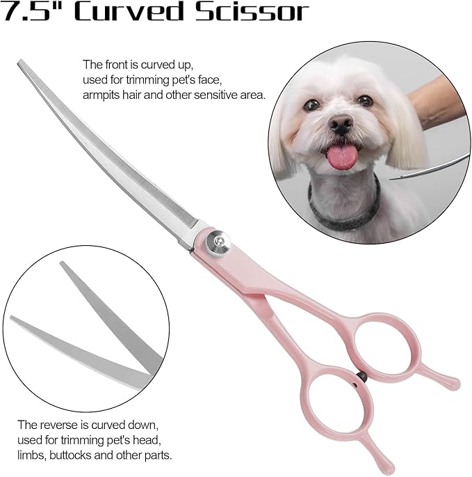 Professional Dog Grooming Scissors Set, 5 in 1 Dog Grooming Scissors Kit, Curved Dog Scissors Pet Thinning Shears, Pet Grooming Supplies, Pink