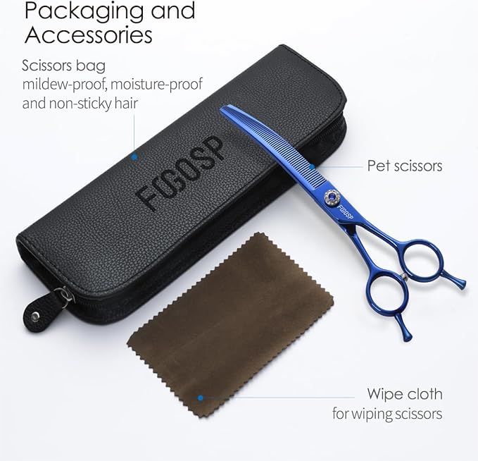 Professional Curved Thinning Shears Dog Grooming Scissors 7.25'' Blue Curved Blender Shears for Grooming Large Dogs Pet 66 Teeth Japan 440C(Curved Thinning)