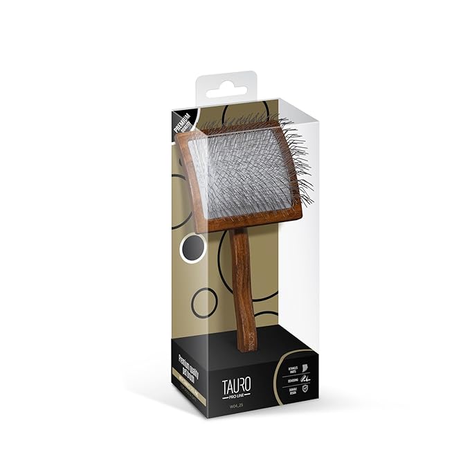 TAURO PRO LINE Wooden Dog Brush for Detangle Long and Short Hair, Wooden Soft Massage Brush for Grooming Haired Dogs and Cats, Flexible Cushion and Non-Slip Grip, Oval, 7.84 x 3.93 inch, Brown