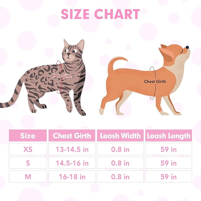 BINGPET Vest Harness for Puppy and Cat, No Pull Adjustable Reflective Step-in Puppy Harness Cute Pink Polka Dot Soft Dog Harness for Small and Medium Dogs
