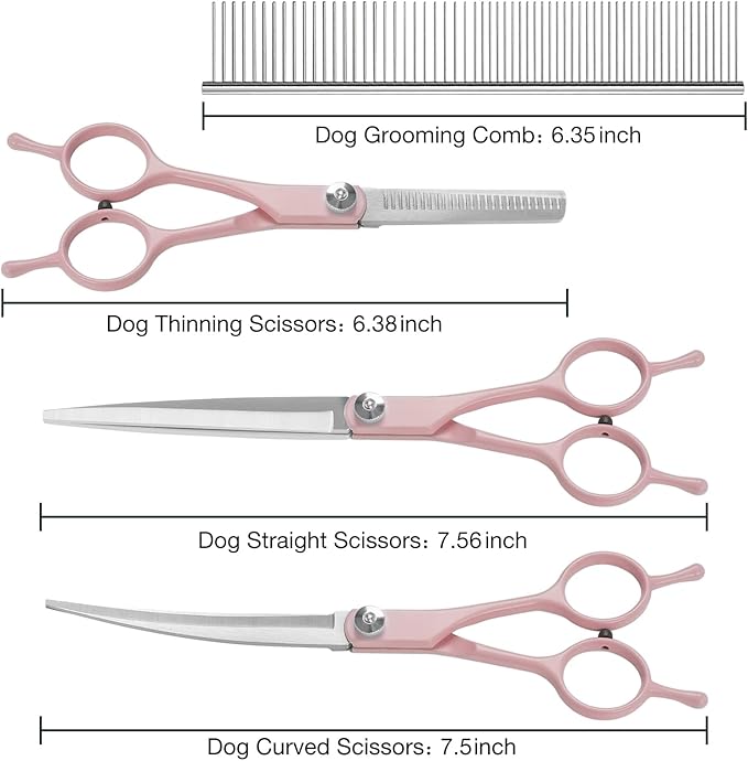 Professional Dog Grooming Scissors Set, 5 in 1 Dog Grooming Scissors Kit, Curved Dog Scissors Pet Thinning Shears, Pet Grooming Supplies, Pink
