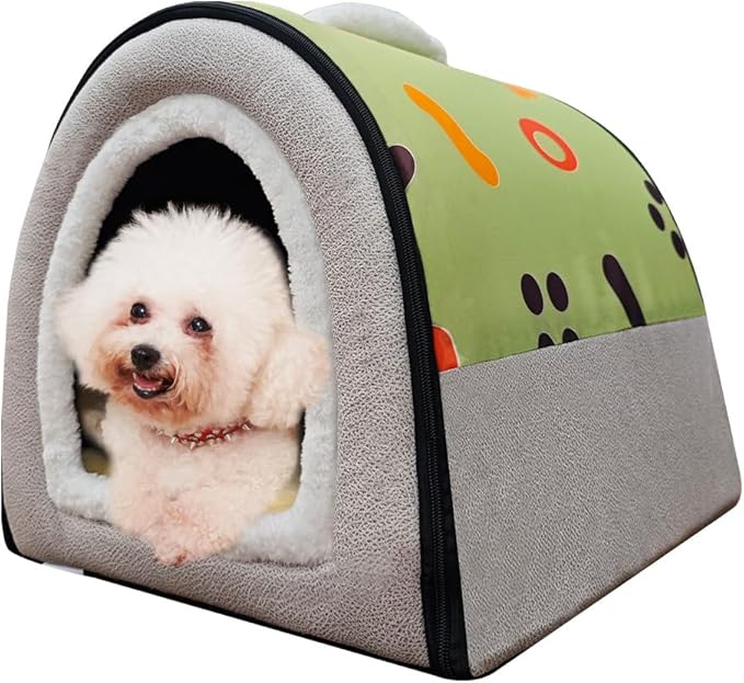 Dog Bed or Cat Bed,2 Ways to Use,Indoor Pet House with Fluffy Mat,Removable and Washable Cover,Splash-Proof House and Non-Slip Bottom,for Cats and Small Dogs(M Light Green & Gray)