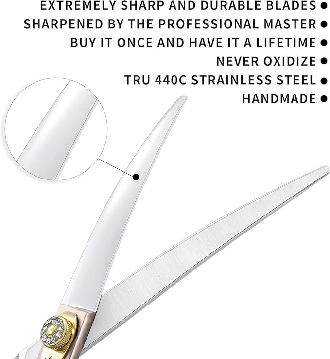 7 Inches Professional Pet Grooming Scissors, 440C Japanese Steel Straight & Curved & Thinning & Chunker Shears/Scissors for Dog Cat and More Pets (7 inch-Curved Scissors)