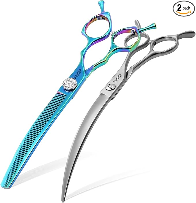 45°Curved Dog Grooming Scissors Curved Thinning Shears 2PCS Combo(Turquoise)