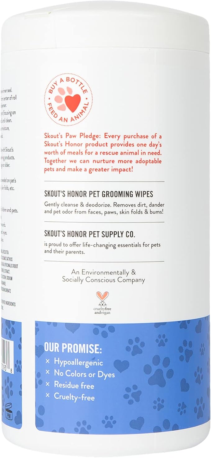 SKOUT'S HONOR Pet Grooming Wipes for Dogs and Cats - Deodorizing, Plant-Based, Biodegradable, Fragrance-Free - for Paws, Faces, Skin Folds & Bums, 80 Count
