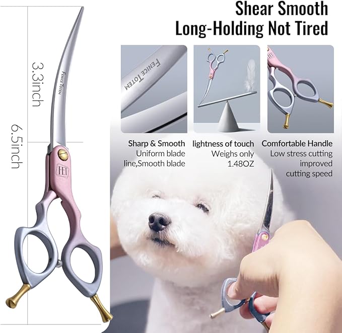 Fenice Dog Grooming Curved Scissors: 6.5" Pet Self-sharpening Split Finishing Shears for Dogs' Faces and Eyes Lightweight Ideal for Tight Spaces and Detailed Grooming Japan VG10 Alloy Steel 63HRC