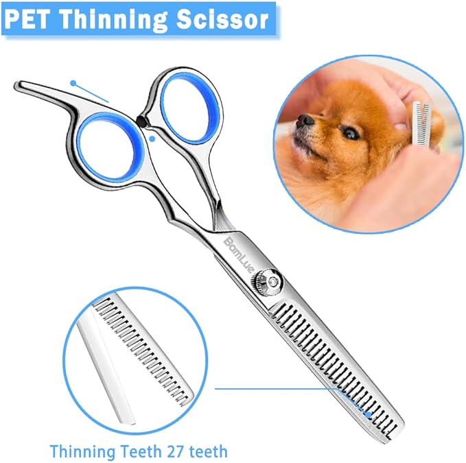 Bamlue 6 in 1 Professional Stainless Steel 4CR Safety Round Tip Dog Grooming Scissors, Anti-Rust Shears Cat Grooming Scissors Pet Kit, Thinning Straight Comb for Long Short Hair-Blue