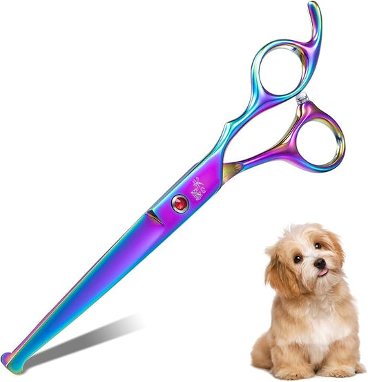 7" Straight Dog Grooming Scissors Rainbow, Grooming Shears with Offset Handle for Medium to Large Dogs, Stainless Steel 440C Shears for Novice and Professional Groomers, Sharp and Safe