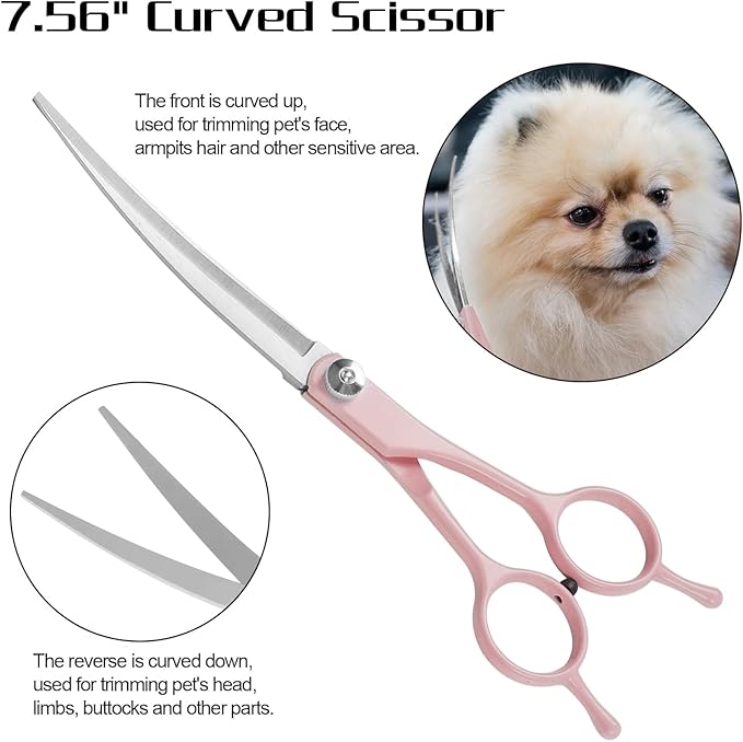 Professional Dog Grooming Scissors Set, 4 in 1 Dog Grooming Scissors Kit, Curved Dog Scissors Pet Thinning Shears, Pink