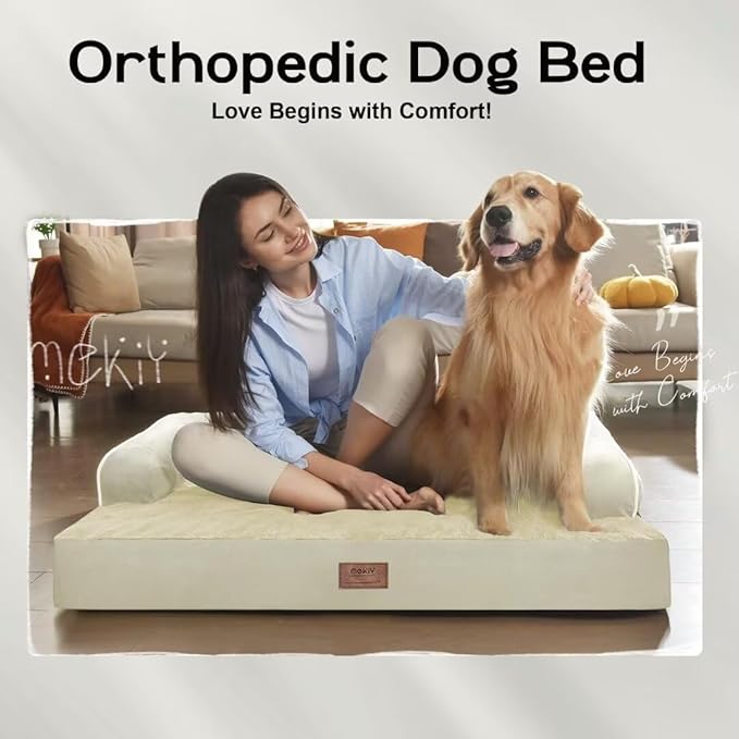 Large Dog Bed Orthopedic Washable - Waterproof with Removable Cover - Memory Foam - XXL Large Big Dogs - Beds Bolster Pet - Couch Sofa - Beige Dog Bed