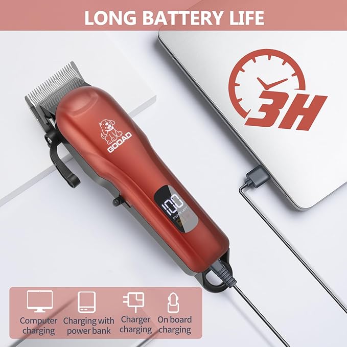 Dog Clippers for Grooming, Cordless,Low Noise, Electric Quiet,Rechargeable, Pet Hair Clippers for Thick Coats, Dog Trimmer Grooming Kit, Shaver for Small and Large Dogs Cats,Red