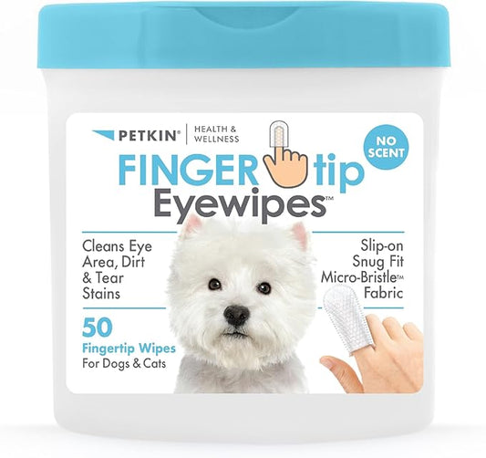 Petkin Fingertip Eye Wipes for Dogs and Cats, 50 Finger Wipes - Slip-On, Snug Fit, Micro-Bristle Fabric - Cleans Eye Area, Dirt and Tear Stains - Convenient, Ideal for Home and Travel - No Scent